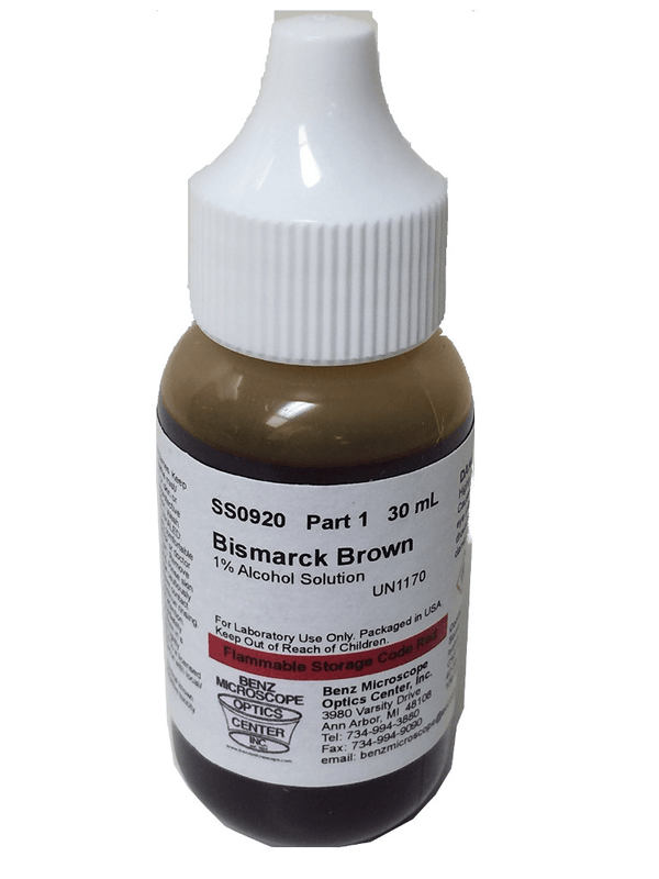 Slide Stain: Bismarck Brown 1% Alcohol Solution, 30ml/1oz (#BZ0920-1) - Benz Microscope Optics Center