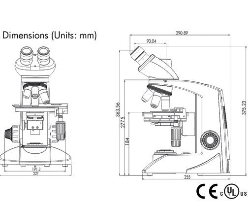 Dimension specifications for Labomed CxL Monocular Microscope. A sleek design composed of a durable aluminum stand, high throughput glass and optical coatings, and brass gears.